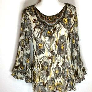 Crepe Bell Sleeve Top w/Embellished Neckline